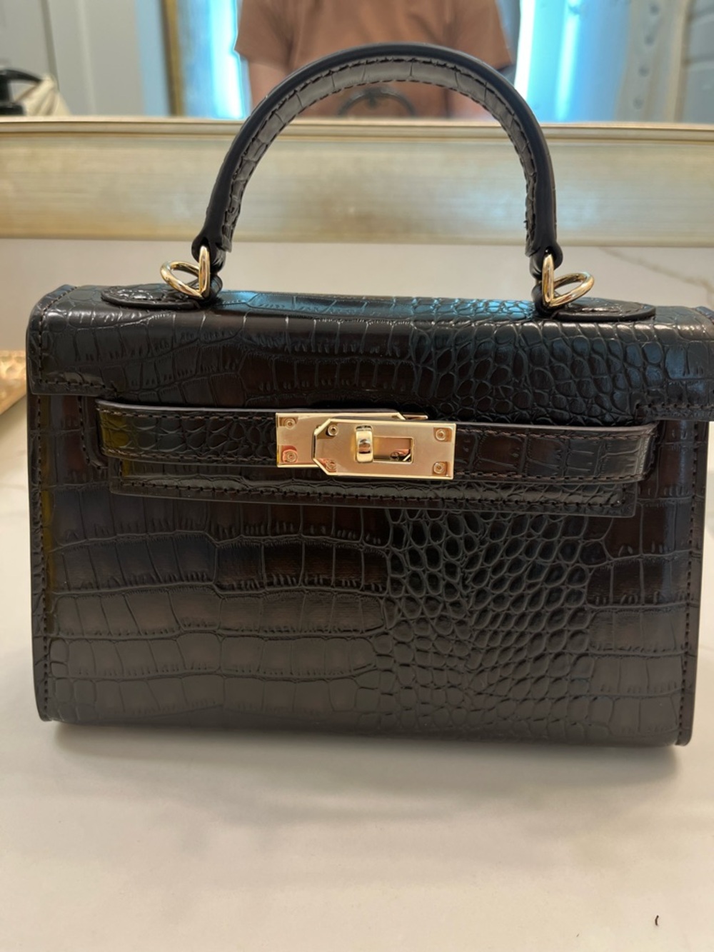 Chocolate Brown/Black Croc-Embossed Mini Top-Handle Bag with Gold Hardware